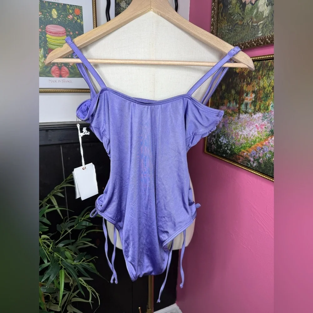 NWT Good American Metallic Purple One Piece Swimsuit Ruched Sz 2